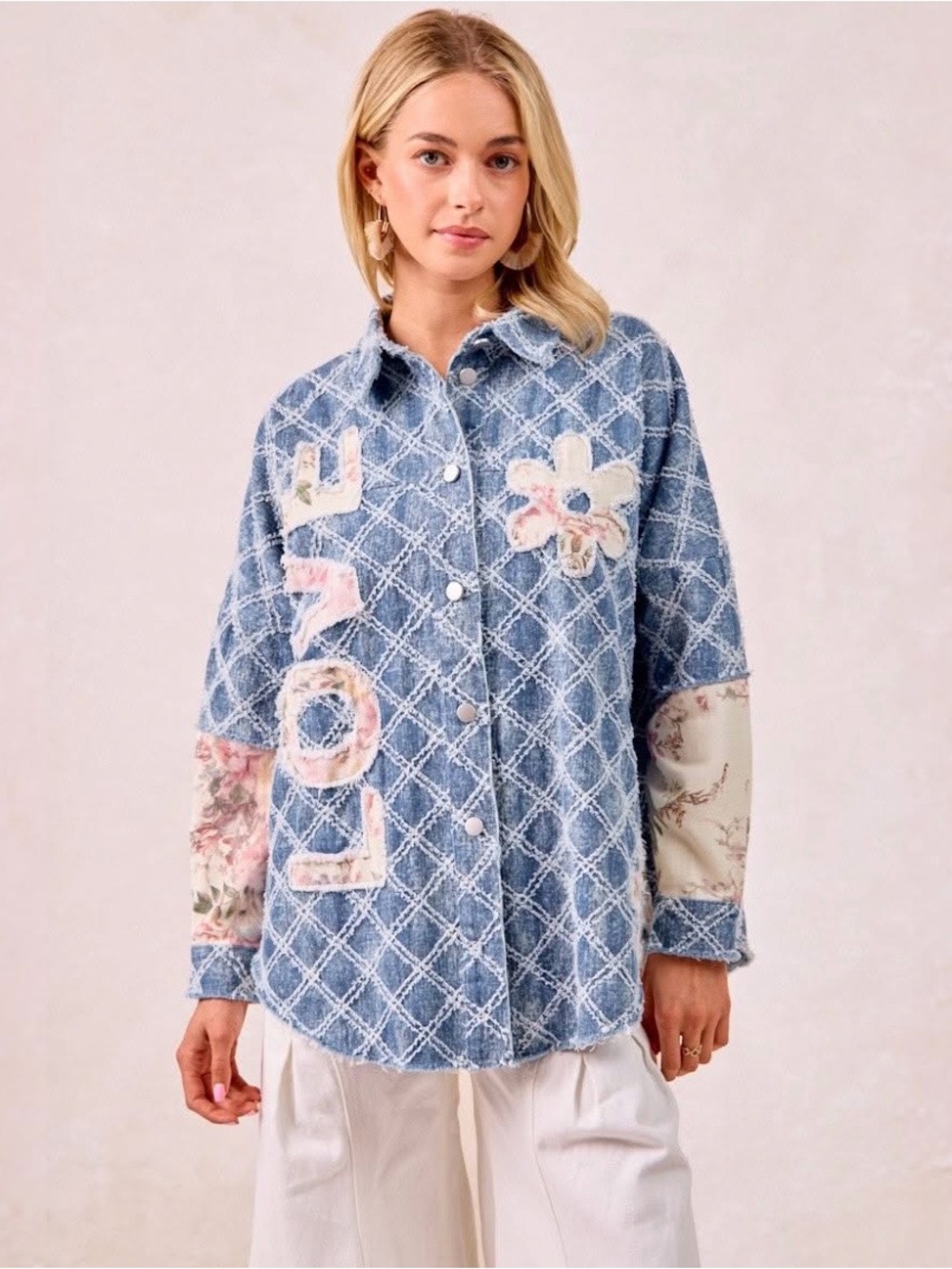 Bibi distressed diamond pattern Shacket denim with Floral Accents
